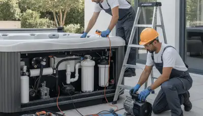 Spa repair technician servicing spa plumbing in West Palm Beach, FL